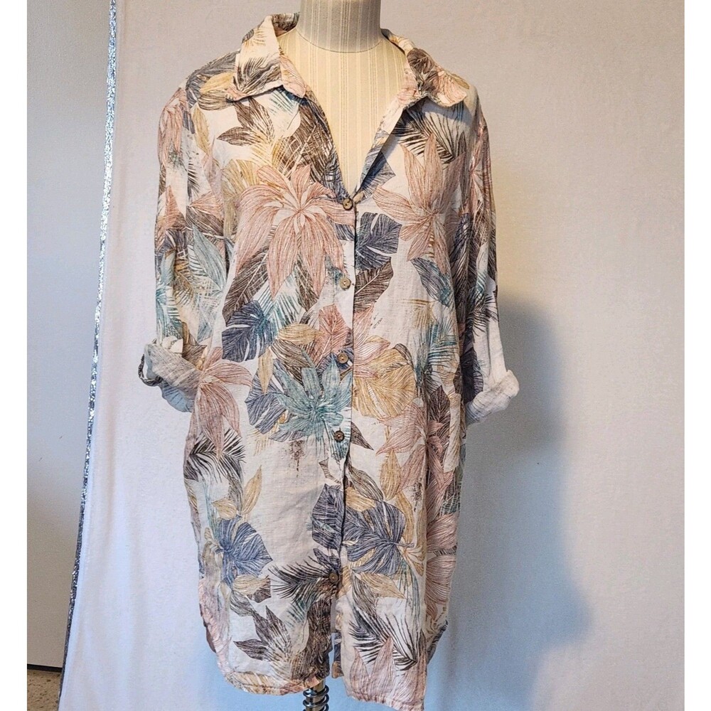Rosemarine Women's M Printed White Linen Shirt Mini Dress Tunic Leaves Pattern